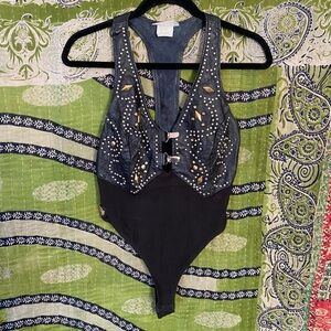 Vintage 90's Brazen/ Harley Davidson Black Suede Studded Bodysuit Size Medium